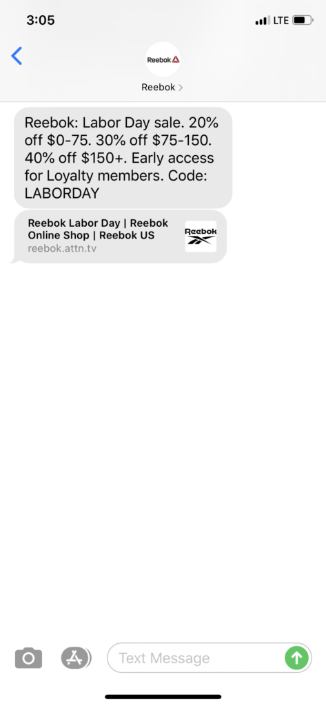 Reebok Text Message Marketing Example - 08.31.2020