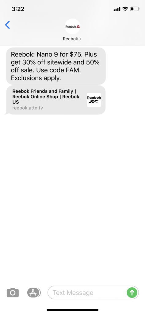 Reebok Text Message Marketing Example - 09.15.2020