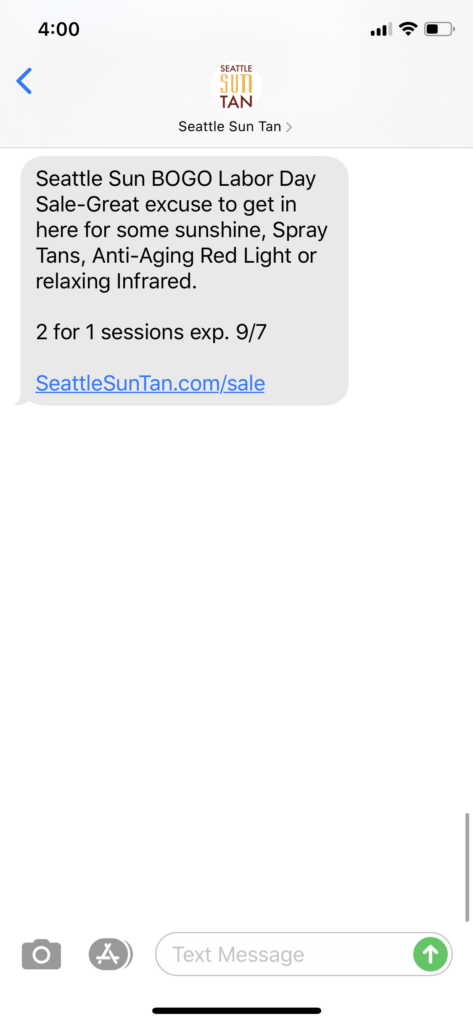 Seattle Sun Tan Text Message Marketing Example - 09.04.2020