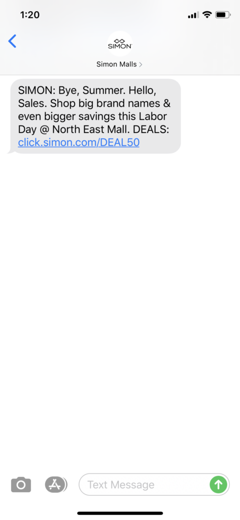 Simon Malls Text Message Marketing Example - 09.03.2020