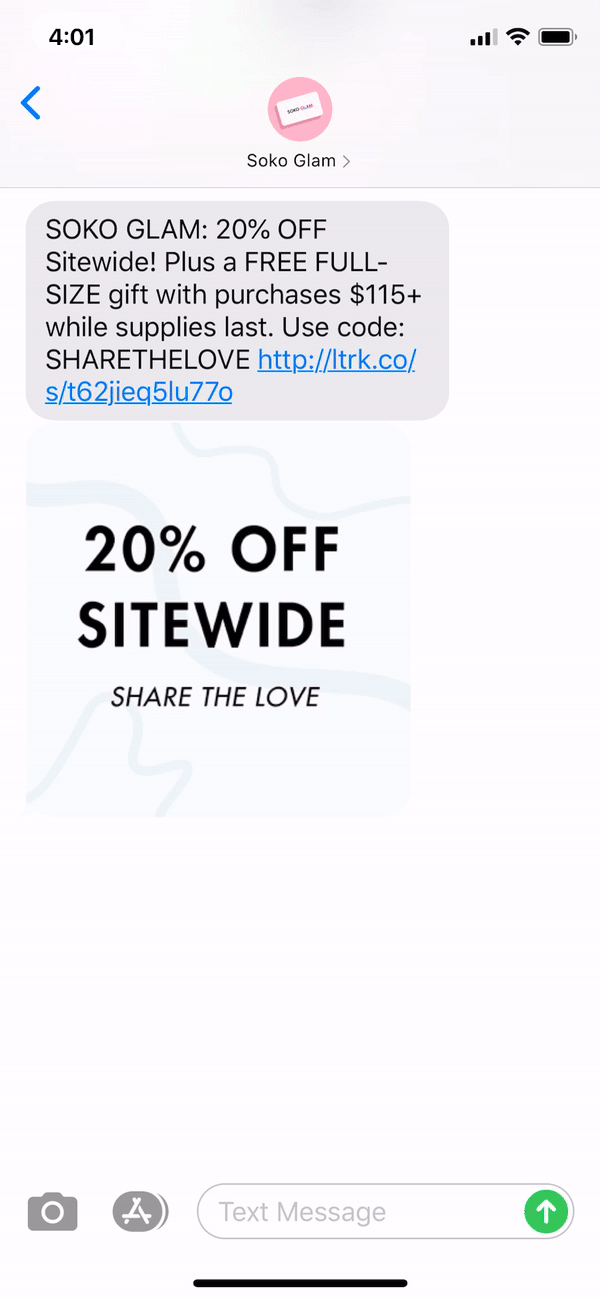Soko Glam Text Message Marketing Example - 09.01.2020