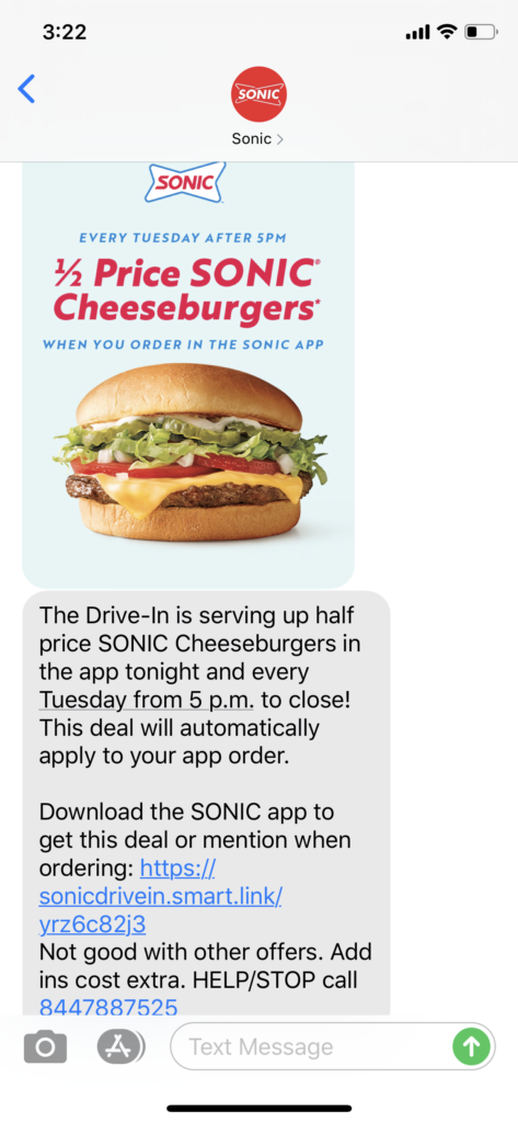 Sonic Text Message Marketing Example - 09.15.2020