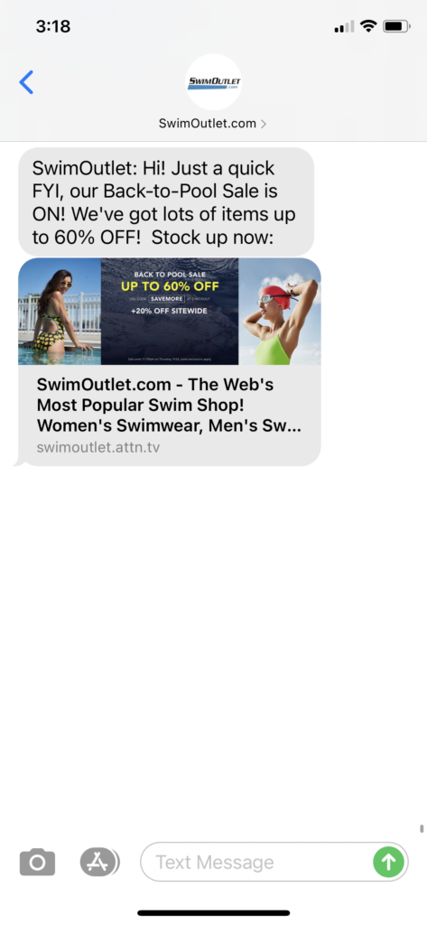 Swim Outlet Text Message Marketing Example - 09.16.2020