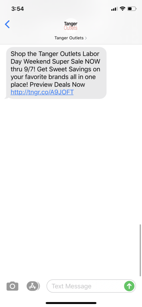 Tanger Outlets Text Message Marketing Example - 09.04.2020