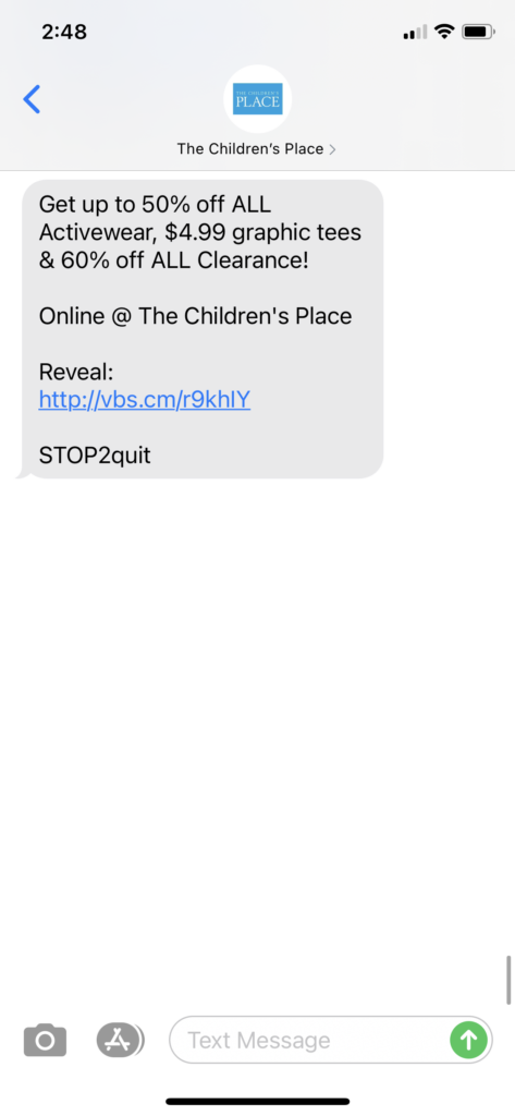 The Children’s Place Text Message Marketing Example - 09.17.2020