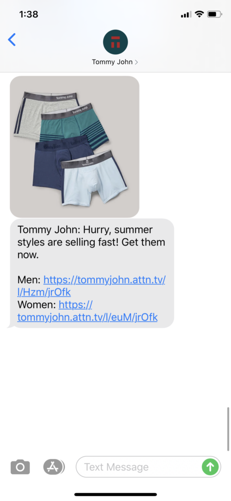 Tommy John Text Message Marketing Example - 09.02.2020