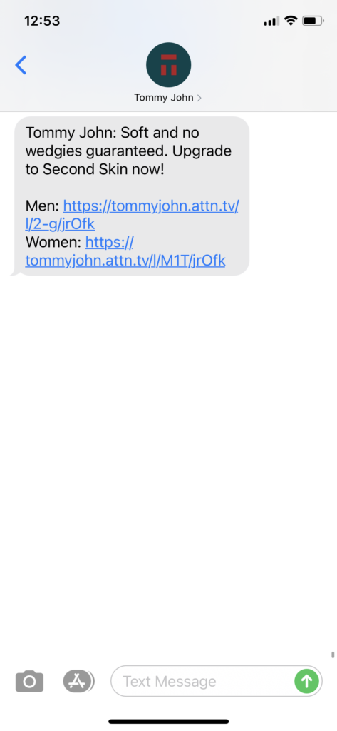 Tommy John Text Message Marketing Example - 09.20.2020