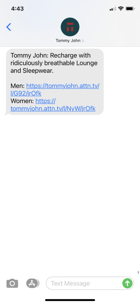 Tommy John Text Message Marketing Example - 09.23.2020