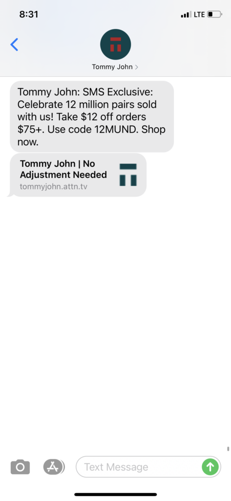 Tommy John Text Message Marketing Example - 09.25.2020