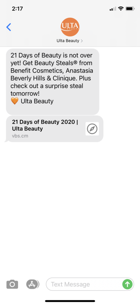 Ulta Beauty Text Message Marketing Example - 09.18.2020