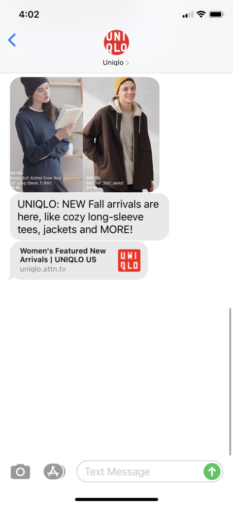 Uniqlo Text Message Marketing Example - 09.01.2020