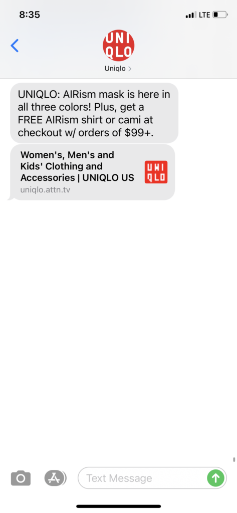 Uniqlo Text Message Marketing Example - 09.26.2020