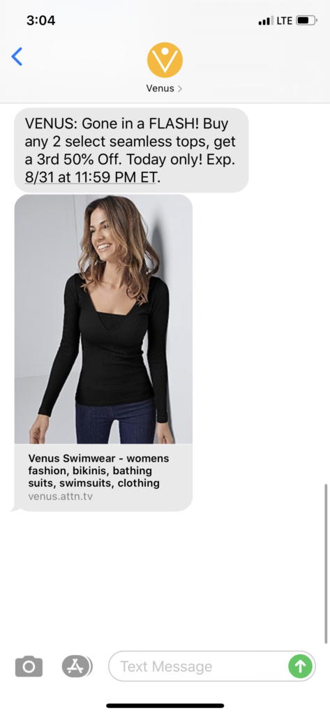 Venus Text Message Marketing Example - 08.31.2020