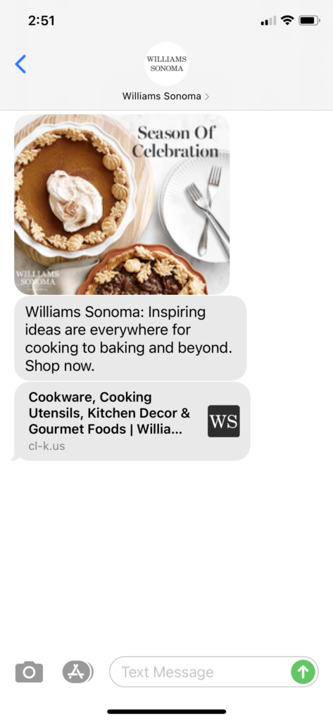 William Sonoma Text Message Marketing Example - 09.17.2020