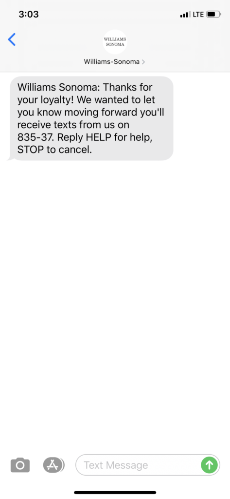 Williams-Sonoma Text Message Marketing Example - 08.31.2020