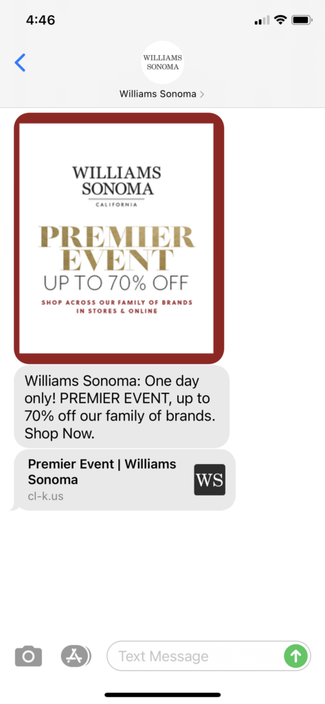 Williams Sonoma Text Message Marketing Example - 09.23.2020