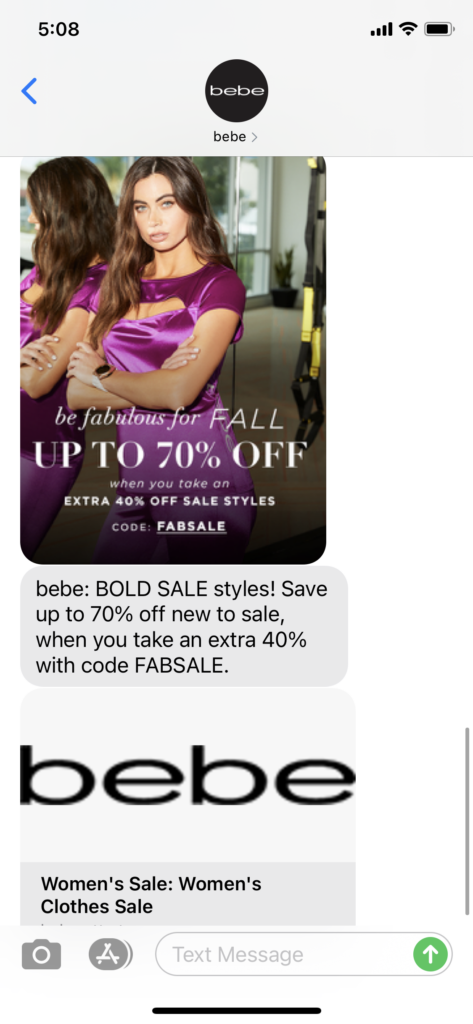 bebe Text Message Marketing Example - 09.22.2020