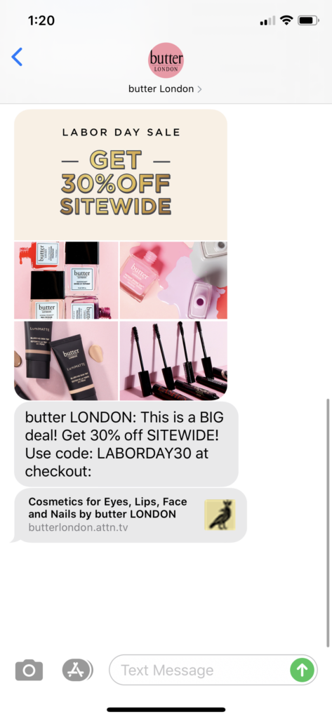 butter London Text Message Marketing Example - 09.07.2020