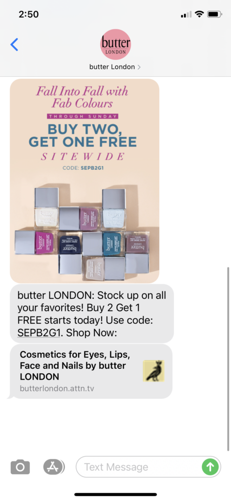 butter London Text Message Marketing Example - 09.17.2020