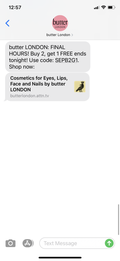 butter London Text Message Marketing Example - 09.20.2020