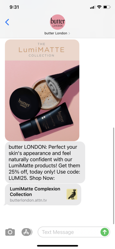 butter London Text Message Marketing Example - 09.28.2020