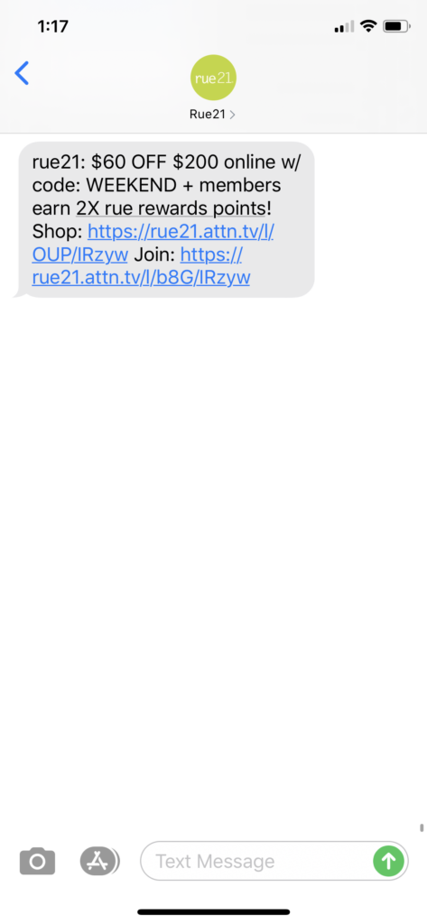 rue21 Text Message Marketing Example - 09.03.2020