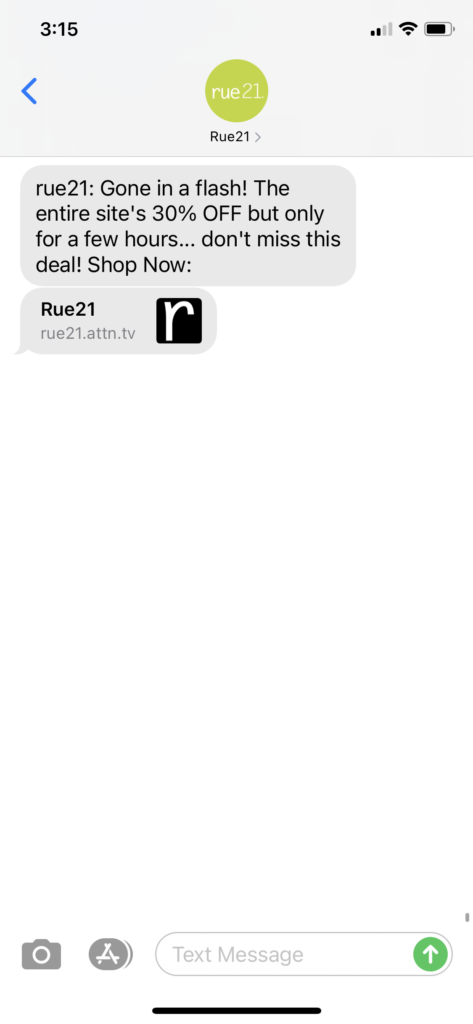 rue21 Text Message Marketing Example - 09.16.2020