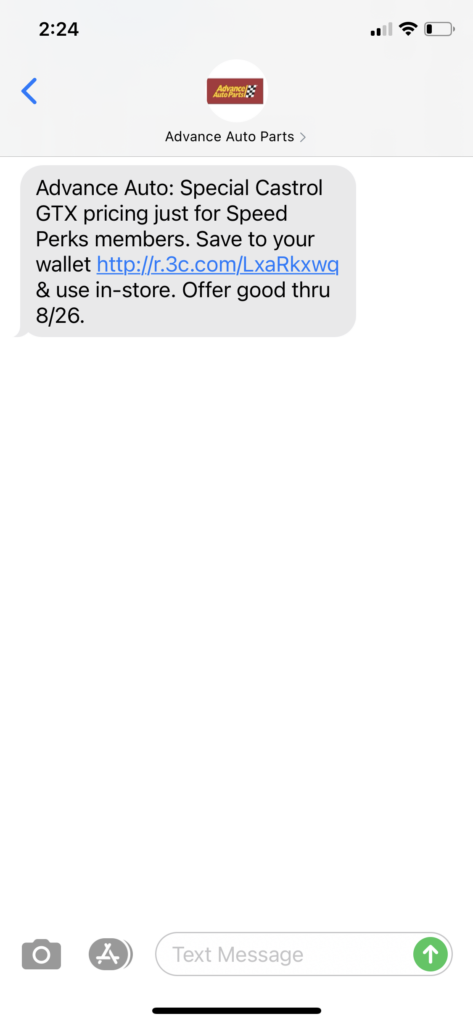 Advanced Auto Parts Text Message Marketing Example - 8.14.2020