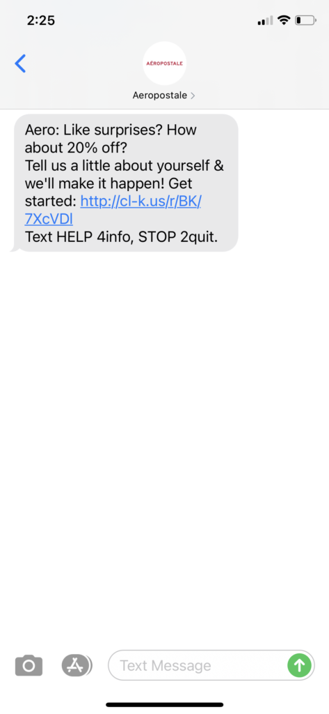 Aeropostale Text Message Marketing Example - 8.14.2020