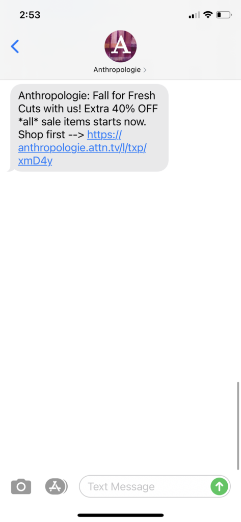 Anthropologie Text Message Marketing Example - 10.08.2020