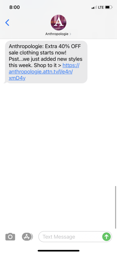 Anthropologie Text Message Marketing Example - 10.22.2020