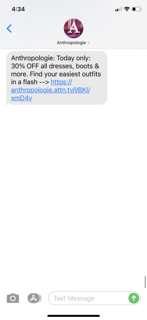 Anthropologie Text Message Marketing Example - 10.27.2020