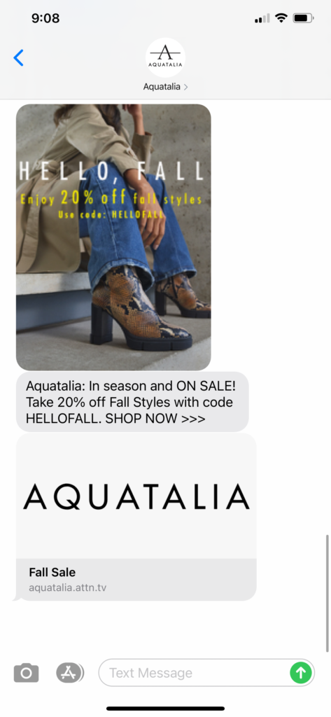 Aquatalia Text Message Marketing Example - 09.23.2020