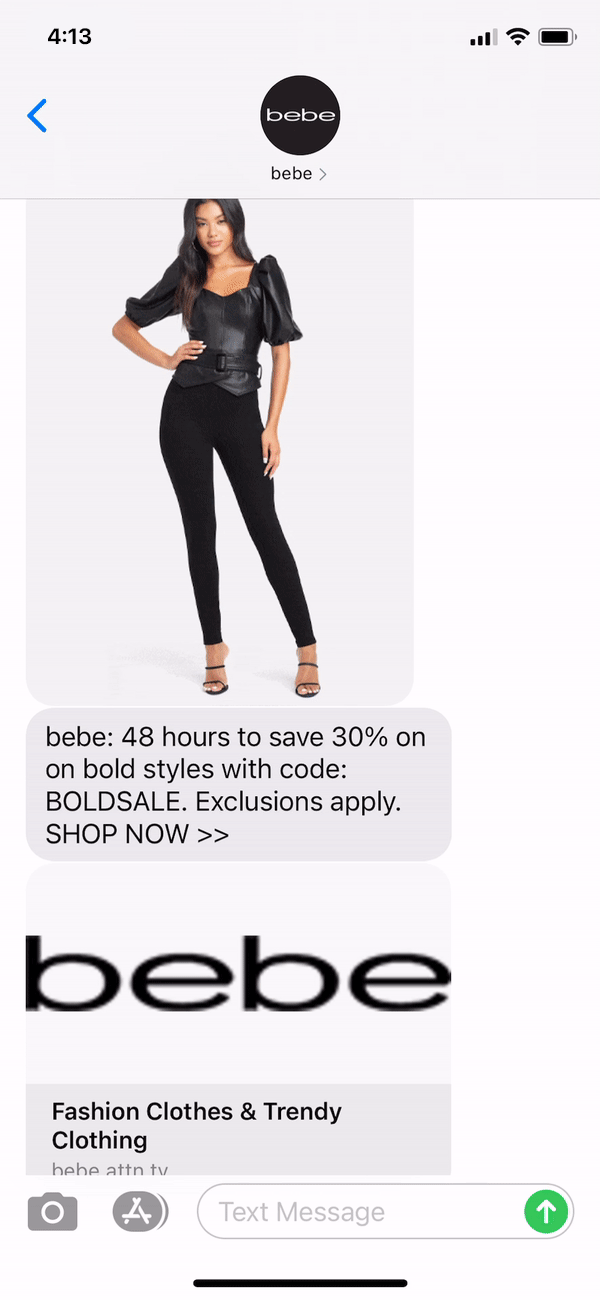 Bebe Text Message Marketing Example - 09.29.2020