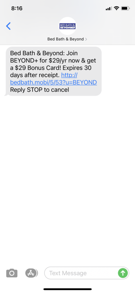 Bed Bath & Beyond Text Message Marketing Example - 10.15.2020