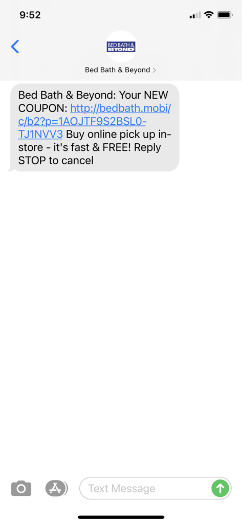 Bed Bath & Beyond Text Message Marketing Example - 10.20.2020