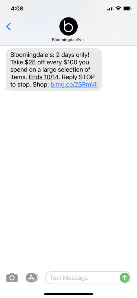 Bloomingdale's Text Message Marketing Example - 10.13.2020