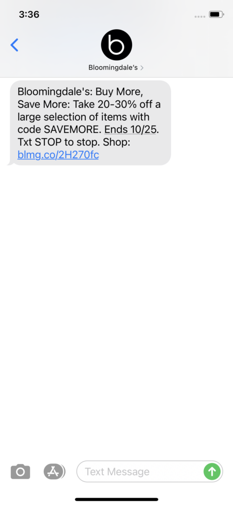 Bloomingdales Text Message Marketing Example - 10.16.2020