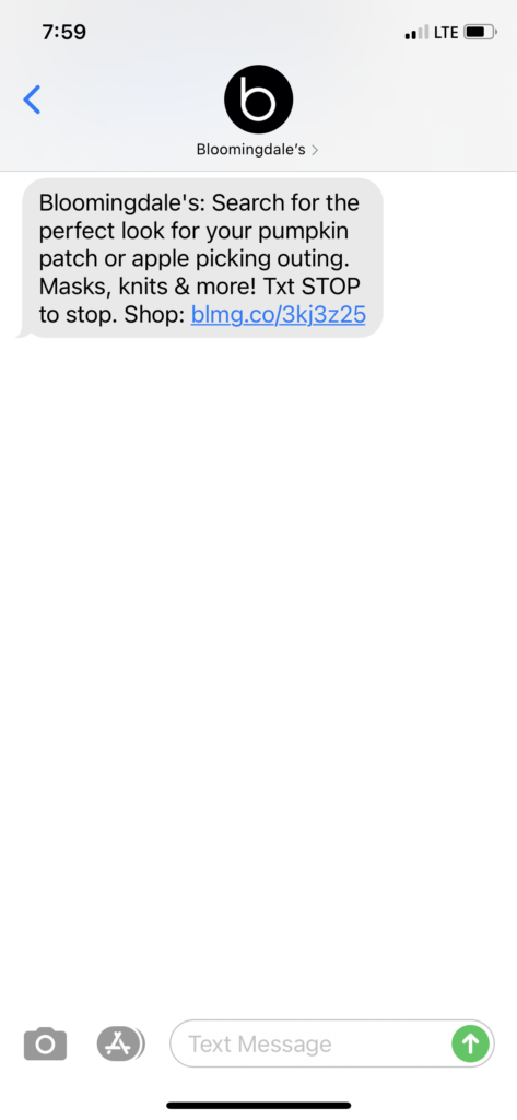 Bloomingdales Text Message Marketing Example - 10.22.2020