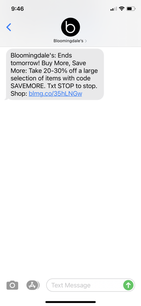 Bloomingdales Text Message Marketing Example - 10.24.2020