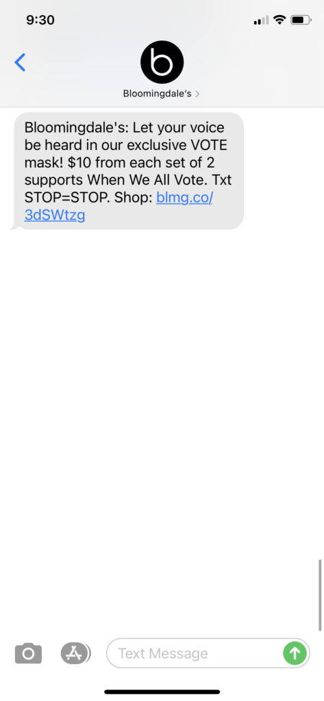 Bloomingdales Text Message Marketing Example - 10.25.2020