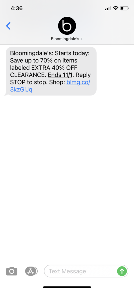 Bloomingdales Text Message Marketing Example - 10.27.2020