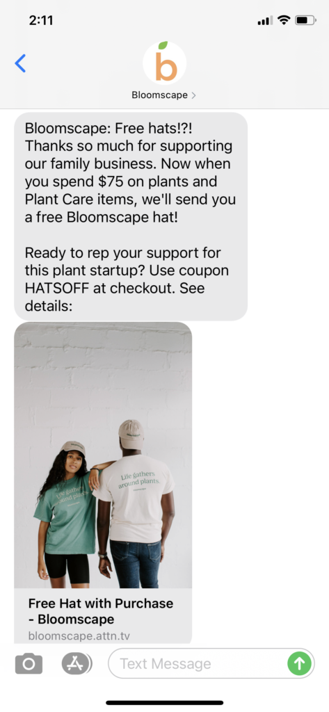 Bloomscape Text Message Marketing Example - 10.14.2020