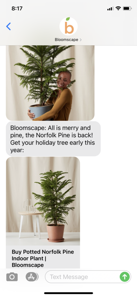 Bloomscape Text Message Marketing Example - 10.15.2020