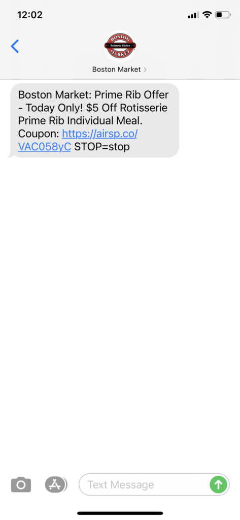 Boston Market Text Message Marketing Example - 10.04.2020