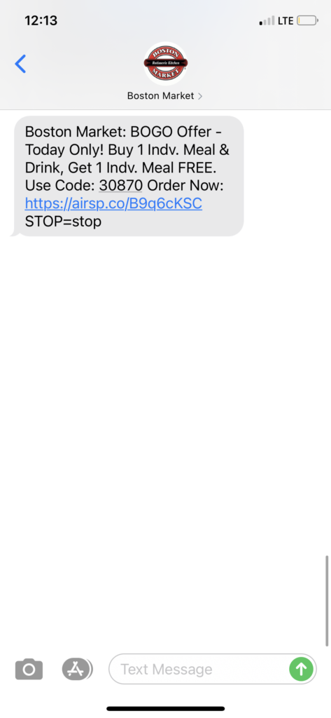 Boston Market Text Message Marketing Example - 10.18.2020