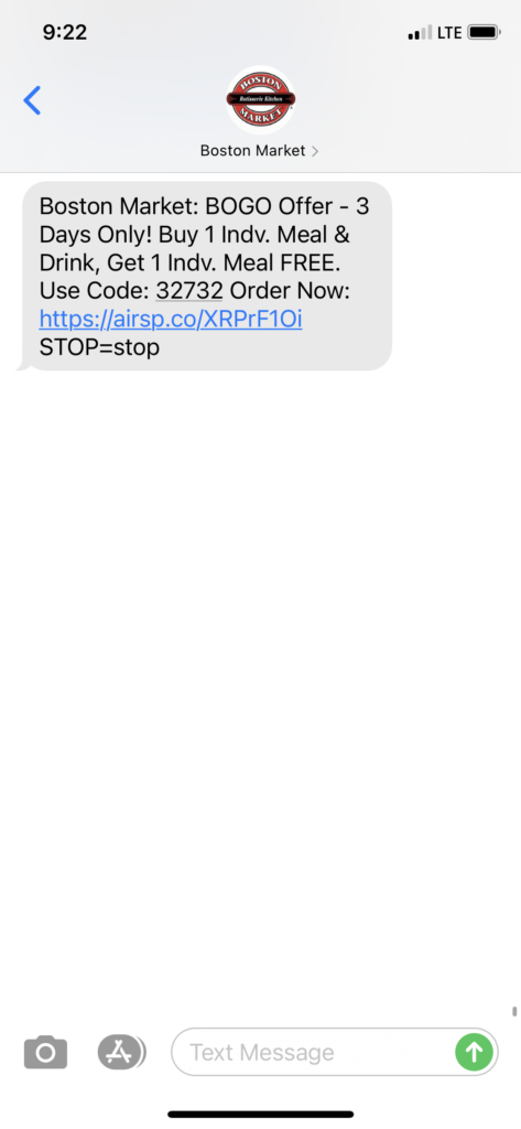 Boston Market Text Message Marketing Example - 10.21.2020