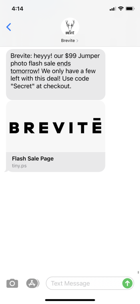 Brevite Text Message Marketing Example - 10.13.2020