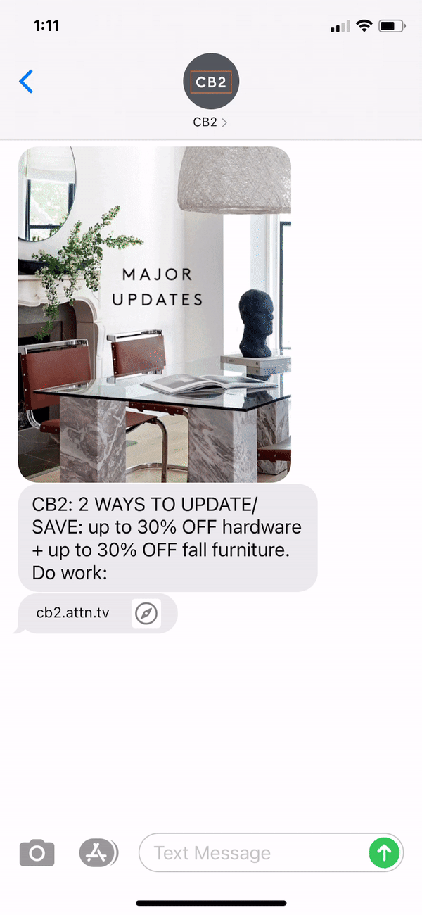 CB2 Text Message Marketing Example - 09.19.2020