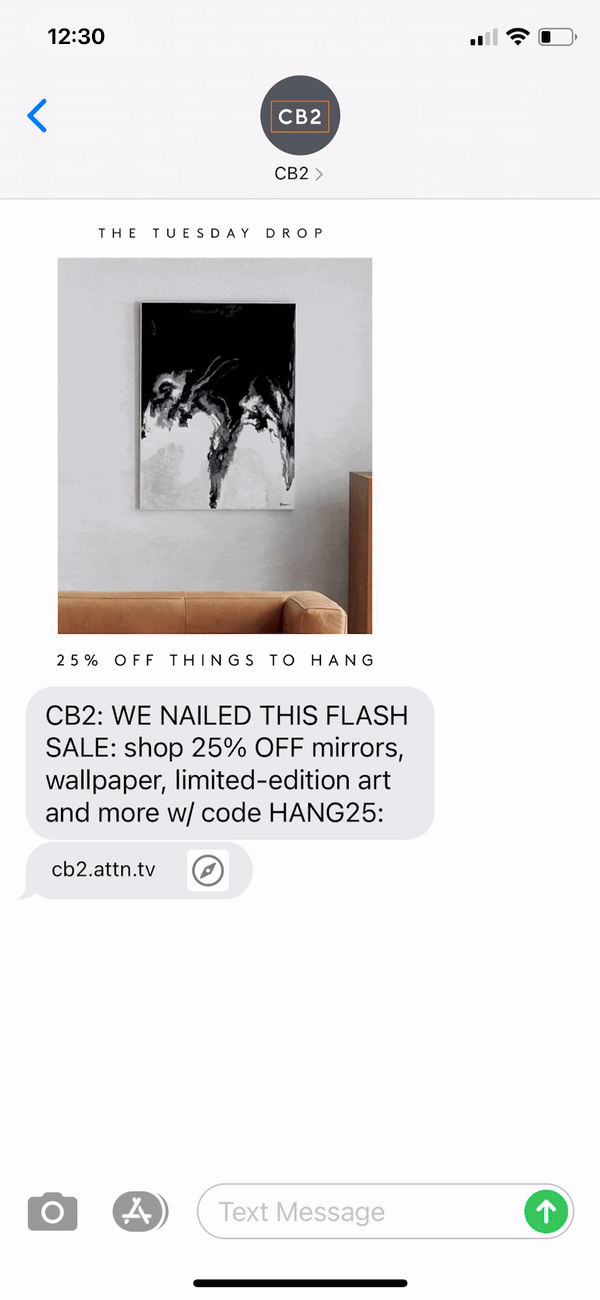 CB2 Text Message Marketing Example - 09.22.2020